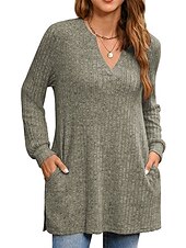 preiswerte Damen Einfache Oberteile-Damen Hemd Bluse Mode Tasche Langarm Lange Tops V-Ausschnitt Casual Schwarz Rosa Armeegrün Rot Staubblau Frühling&amp;amp;  fallen