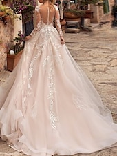 cheap Formal Wedding Dresses-Beach Wedding Formal Wedding Dresses A-Line V Neck Long Sleeve Court Train Tulle Bridal Gowns With Pleats Appliques