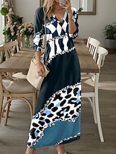 levne Umění a design šaty-Dámské maxi šaty casual šaty zimní šaty tričkové šaty tee šaty leopardí barevný blok kapsový tištěné V výstřih dlouhé šaty maxi šaty městské schůzky prázdninové dlouhý rukáv podzim zima