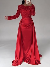 cheap CHAMPAGNE-Mermaid Sequin Evening Gown Ruched Champagne Satin Dress Long Sleeves Masquerade Floor Length Illusion Neck with Pearls Overskirt dress 2025