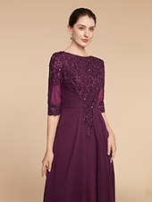 cheap Floor Length-Sheath Mother of the Bride Dress Wedding Guest Elegant Scoop Neck Floor Length Chiffon Lace Half Sleeve with Pleats Sequin 2025 free custom size