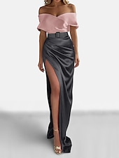preiswerte GRÜN-Sheath Abendkleid Elegantes Kleid Formell Sweep  Pinselzug Kurzarm Off-Shoulder Satin mit gerafftem Schlitz