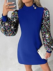 levne Flitrové šaty-Dámské Mini šaty Flitrové šaty Šaty na párty Koktejlky Šaty pro svatební hosty Elegantní Dovolená Svatební host Narozeniny Běžný Barevné bloky Dlouhý rukáv Stojáček Černá Fialová Vodní modrá Léto