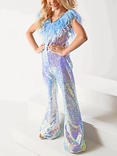 billige Blomsterpikekjoler-Jumpsuits Sweep  Brush Train Blomsterjente Kjole Fødselsdagsjenter Søte Promkjole Chiffon med Fjær  Pels Glitter  Glitring Passer 3-16 år