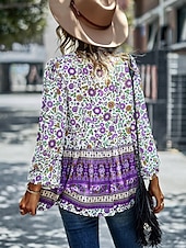 billige Boho topper-Dame Skjorte Boho skjorte Blondeskjorte Bluse Blomstret Mote Langermet V-hals Vanlige topper Avslappet Ferie Blondér Trykt mønster Rød Navyblå Blå Lilla Grønn Vår &amp; Vinter