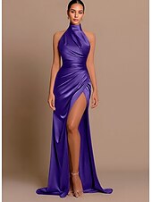preiswerte Rosa-Strandhochzeit Meerjungfrau Abendkleid hoher Schlitz Kleid Hochzeitsgast Sweep  Brush Train ärmellos Halterneck Brautjungfernkleid Charmeuse mit Falten Maskerade Kleid 2025