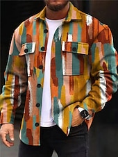 economico giacca camicia da uomo-Per uomo A quadri Geometrica Geometria Camicia Giacca da camicia Sovracamicia Manica lunga Informale Esterno Strada Casual / quotidiano Autunno inverno Collo ripiegabile Bottoni Tasche Stampa Giallo