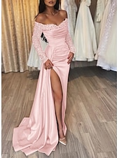 abordables Champagne-Robe de Soirée Sirène Robe Sequins Invité de Mariage Traîne Longue Manches Longues Épaules Dénudées Automne Réception de Mariage Satin avec Fente Ruchée Robe de Mascarade 2025