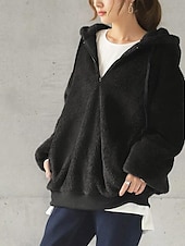 cheap Hoodies &amp; Sweatshirts-Women&#039;s Solid Color Warm Teddy Fuzzy Long Sleeve Hoodie Half Zip Regular Tops Street Casual Drawstring Front Pocket Quarter Zip Black Wine Dark Gray Coffee Gray Fall &amp; Winter