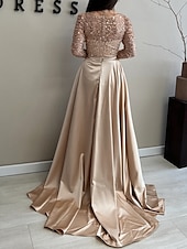billige champagne-A-Linje Gull Kveldsdrakt Elegant Kjole Bryllup Sort Slips Gulvlengde Lang Erme Smykkekrage Satin med Paljett Maskerade Kjole