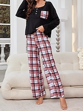 billiga Sovkläder till damer-pyjamasset för kvinnor rutnät / pläd avslappnad komfort hemsäng som andas med rund hals långärmad t-shirt t-shirt byxknappficka höst vinter hemkläder