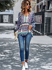 billige Boho topper-Dame Skjorte Boho skjorte Blondeskjorte Bluse Blomstret Mote Langermet V-hals Vanlige topper Avslappet Ferie Blondér Trykt mønster Rød Navyblå Blå Lilla Grønn Vår &amp; Vinter