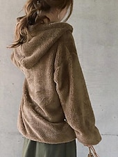 cheap Hoodies &amp; Sweatshirts-Women&#039;s Solid Color Warm Teddy Fuzzy Long Sleeve Hoodie Half Zip Regular Tops Street Casual Drawstring Front Pocket Quarter Zip Black Wine Dark Gray Coffee Gray Fall &amp; Winter