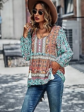 billige Boho topper-Dame Skjorte Boho skjorte Blondeskjorte Bluse Blomstret Mote Langermet V-hals Vanlige topper Avslappet Ferie Blondér Trykt mønster Rød Navyblå Blå Lilla Grønn Vår &amp; Vinter