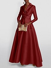 abordables Champagne-Robe de soirée en A robe élégante robe tuxedo invitée de mariage longueur de sol à manches longues col chemise satin avec fronces 2025