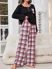 billiga Sovkläder till damer-pyjamasset för kvinnor rutnät / pläd avslappnad komfort hemsäng som andas med rund hals långärmad t-shirt t-shirt byxknappficka höst vinter hemkläder