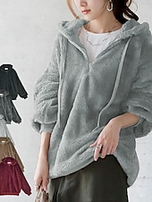 cheap Hoodies &amp; Sweatshirts-Women&#039;s Solid Color Warm Teddy Fuzzy Long Sleeve Hoodie Half Zip Regular Tops Street Casual Drawstring Front Pocket Quarter Zip Black Wine Dark Gray Coffee Gray Fall &amp; Winter