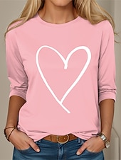 billige Plain t-skjorte-Valentine Kvinners Hjerte T-skjorte Sød Rød Tee Vanlige Topper Langermet Rund hals Trykk Vanlig Passform Valentines Weekend Svart Rosa Rød Vår  Høst