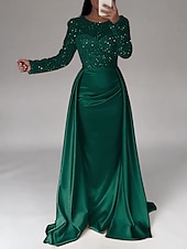 cheap CHAMPAGNE-Mermaid Sequin Evening Gown Ruched Champagne Satin Dress Long Sleeves Masquerade Floor Length Illusion Neck with Pearls Overskirt dress 2025