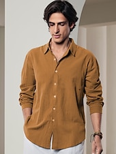 billiga lyxiga linneskjortor-10% linne Button-Down Herr Skjorta linneskjorta Vit Rodnande Rosa Marinblå Långärmad Ensfärgat Krage Vår &amp; sommar Ledigt Dagligen Kläder