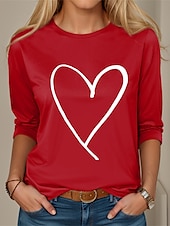 billige Plain t-skjorte-Valentine Kvinners Hjerte T-skjorte Sød Rød Tee Vanlige Topper Langermet Rund hals Trykk Vanlig Passform Valentines Weekend Svart Rosa Rød Vår  Høst