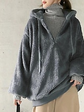 cheap Hoodies &amp; Sweatshirts-Women&#039;s Solid Color Warm Teddy Fuzzy Long Sleeve Hoodie Half Zip Regular Tops Street Casual Drawstring Front Pocket Quarter Zip Black Wine Dark Gray Coffee Gray Fall &amp; Winter