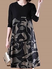 cheap Casual Floral Dresses-Women&#039;s Casual Dress Winter Dress Floral Color Block Patchwork Print Crew Neck Midi Dress Daily Vacation Long Sleeve Fall Winter
