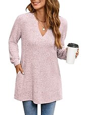 preiswerte Damen Einfache Oberteile-Damen Hemd Bluse Mode Tasche Langarm Lange Tops V-Ausschnitt Casual Schwarz Rosa Armeegrün Rot Staubblau Frühling&amp;amp;  fallen