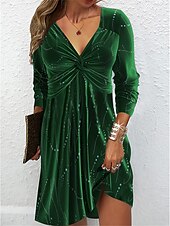 cheap Cocktail Dress-Women&#039;s Velvet Dress Party Dress Cocktail Dress Velvet Ruched Sparkly V Neck Long Sleeve Mini Dress Winter Dress  Elegant Wine Spring Fall