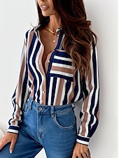 preiswerte Damen Grafik Tops-Damen Hemd Bluse Mode gestreift Knöpfe Tasche Druck Langarm normale Oberteile Hemdkragen Arbeit rot königsblau blau fuchsia braun Frühling&amp;amp;  fallen
