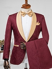 preiswerte Hochzeitsanzüge-Zweiteiliger Herren-Smoking aus champagnerfarbenem Jacquard-Stoff, schmal geschnitten – ideal für Hochzeiten, Abschlussbälle und Dinnerpartys. Der Anzug besteht aus einem einreihigen Blazer mit Schalkragen und passender Hose. Erhältlich in Burgunderrot, G