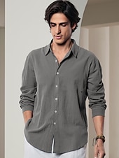 billiga lyxiga linneskjortor-10% linne Button-Down Herr Skjorta linneskjorta Vit Rodnande Rosa Marinblå Långärmad Ensfärgat Krage Vår &amp; sommar Ledigt Dagligen Kläder