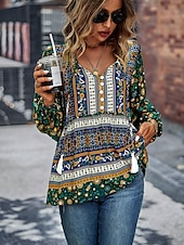 billige Boho topper-Dame Skjorte Boho skjorte Blondeskjorte Bluse Blomstret Mote Langermet V-hals Vanlige topper Avslappet Ferie Blondér Trykt mønster Rød Navyblå Blå Lilla Grønn Vår &amp; Vinter
