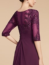 cheap Floor Length-Sheath Mother of the Bride Dress Wedding Guest Elegant Scoop Neck Floor Length Chiffon Lace Half Sleeve with Pleats Sequin 2025 free custom size