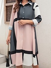 levne Pruhované a geometrické šaty-Dámské midi šaty košilové šaty příležitostné šaty venkovní kancelář každodenní móda moderní košilový límec tlačítko kapsa dlouhé rukávy podzim zima volný střih geometrické kárované
