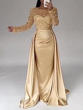 cheap CHAMPAGNE-Mermaid Sequin Evening Gown Ruched Champagne Satin Dress Long Sleeves Masquerade Floor Length Illusion Neck with Pearls Overskirt dress 2025