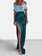 preiswerte GRÜN-Sheath Abendkleid Elegantes Kleid Formell Sweep  Pinselzug Kurzarm Off-Shoulder Satin mit gerafftem Schlitz