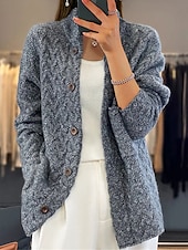 ieftine Cardigane și îmbrăcăminte exterioară-Pentru femei Bluza Epocă Modă Casual Culoare solidă Cablu Guler de stand Nasturi Tricotat Manșon Lung Topuri obișnuite Tricotat În aer liber Zilnic Ieșire Albastru piscină Cămilă Toamnă Iarnă