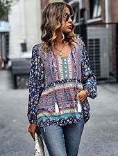 billige Boho topper-Dame Skjorte Boho skjorte Blondeskjorte Bluse Blomstret Mote Langermet V-hals Vanlige topper Avslappet Ferie Blondér Trykt mønster Rød Navyblå Blå Lilla Grønn Vår &amp; Vinter