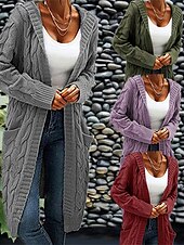 baratos Cardigãs e agasalhos-Mulheres Carregam Moda Roupa de rua Casual Côr Sólida Cabo Com Capuz Bolsos Tricotado Manga Longa Tops regulares Tricotar Ao ar livre Diário Para Noite Vinho Verde Tropa Outono Inverno