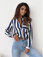 preiswerte Damen Grafik Tops-Damen Hemd Bluse Mode gestreift Knöpfe Tasche Druck Langarm normale Oberteile Hemdkragen Arbeit rot königsblau blau fuchsia braun Frühling&amp;amp;  fallen