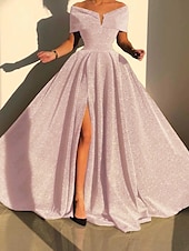economico GIALLO-Abito da sera A-Line abito scintillante abito formale autunno strascico senza maniche off shoulder paillettes con spacco abito da mascherata 2025