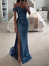 voordelige Schoolfeestjurken-Strand Bruiloft Zeemeermin Prom Jurken Sequin Jurk Formeel Avondfeest Sweep  Borst Train Mouwloos Cowl Hals met Ruches Split Maskerade Jurk 2025