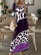 levne Umění a design šaty-Dámské maxi šaty casual šaty zimní šaty tričkové šaty tee šaty leopardí barevný blok kapsový tištěné V výstřih dlouhé šaty maxi šaty městské schůzky prázdninové dlouhý rukáv podzim zima