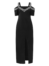 preiswerte schwarzes Maxikleid-Damen schwarzes kleid abendkleider Schwarzes Cocktailkleid Gespaltener Oberschenkel Schulterfrei Kurzarm Maxidress Formal Elegant Glanz Ausgefallene Schwarz Wein Sommer Frühling