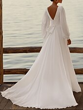 preiswerte lässige Brautkleider-Strandhochzeit Formal Einfache Hochzeitskleider A-Linie V-Ausschnitt Langarm Gericht Zug Chiffon Hochzeitskleider mit Falten Raffung