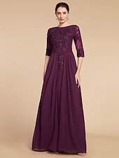 cheap Floor Length-Sheath Mother of the Bride Dress Wedding Guest Elegant Scoop Neck Floor Length Chiffon Lace Half Sleeve with Pleats Sequin 2025 free custom size