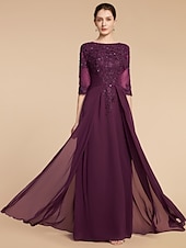 cheap Floor Length-Sheath Mother of the Bride Dress Wedding Guest Elegant Scoop Neck Floor Length Chiffon Lace Half Sleeve with Pleats Sequin 2025 free custom size