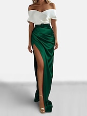 preiswerte GRÜN-Sheath Abendkleid Elegantes Kleid Formell Sweep  Pinselzug Kurzarm Off-Shoulder Satin mit gerafftem Schlitz