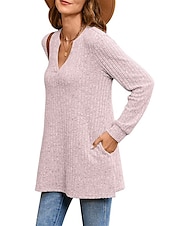 preiswerte Damen Einfache Oberteile-Damen Hemd Bluse Mode Tasche Langarm Lange Tops V-Ausschnitt Casual Schwarz Rosa Armeegrün Rot Staubblau Frühling&amp;amp;  fallen